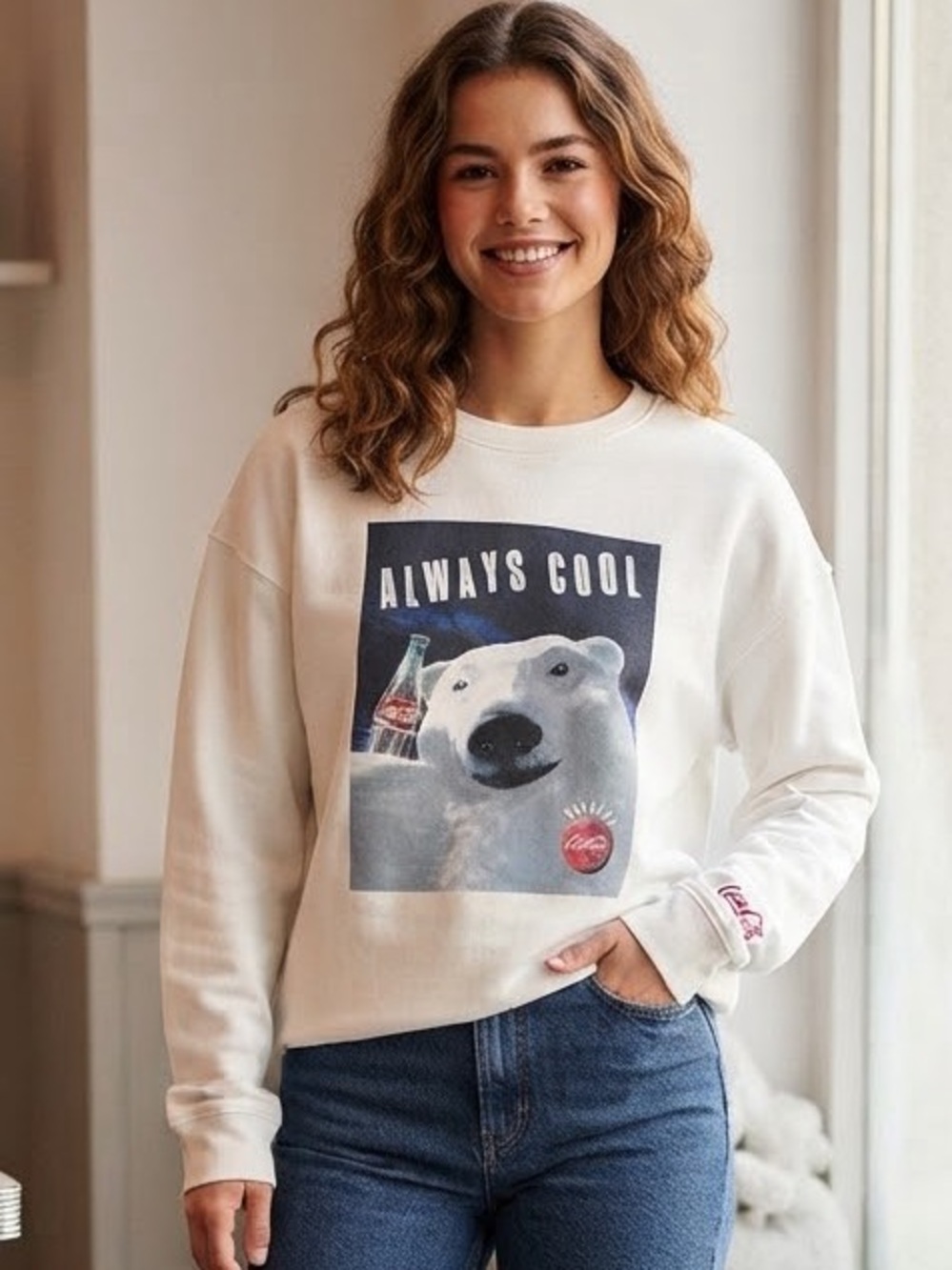 COCA COLA Always Cool Graphic Sweatshirt L 24” p2p White EUC